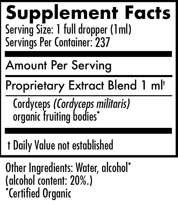 Mycomatrix Cordyceps adaptogenic mushroom extract from Mushroom Mountain in a 2oz jar with fresh, whole mushrooms visible.