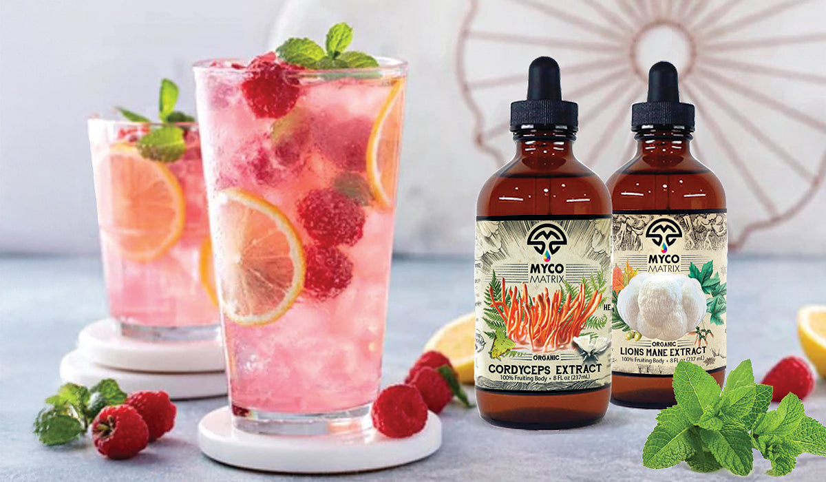 Mycomatrix Cordyceps adaptogenic mushroom extract in a 2oz bottle from Mushroom Mountain, featuring fresh mushroom capsules.
