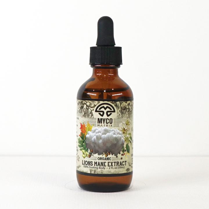 Mycomatrix Lions Mane adaptogenic mushroom extract in a 2oz bottle from Mushroom Mountain, featuring a label with mushroom imagery.