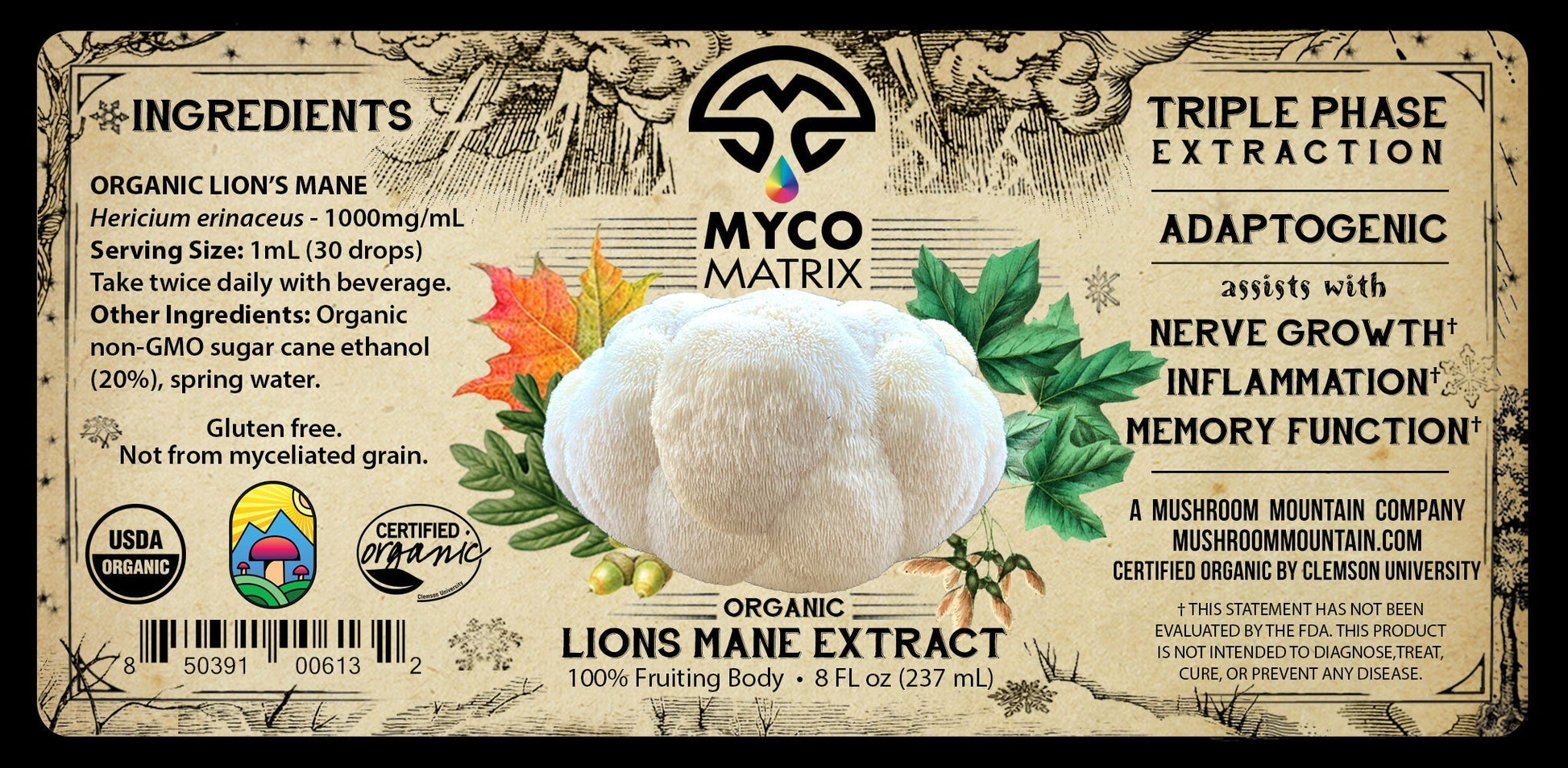 Mycomatrix Lions Mane adaptogenic mushroom extract bottle by Mushroom Mountain, showcasing the 2oz packaging and label.