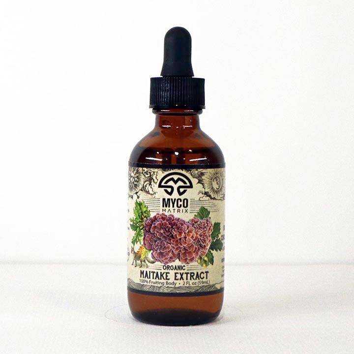 Mycomatrix Maitake adaptogenic mushroom extract bottle from Mushroom Mountain, 2 oz, with label showing mushroom imagery.