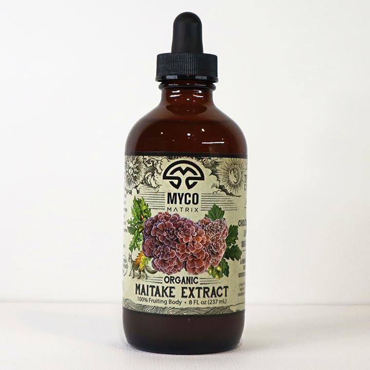 Mycomatrix Maitake Mushroom Extract by Mushroom Mountain in a 2oz bottle, showcasing the adaptogenic mushroom supplement.