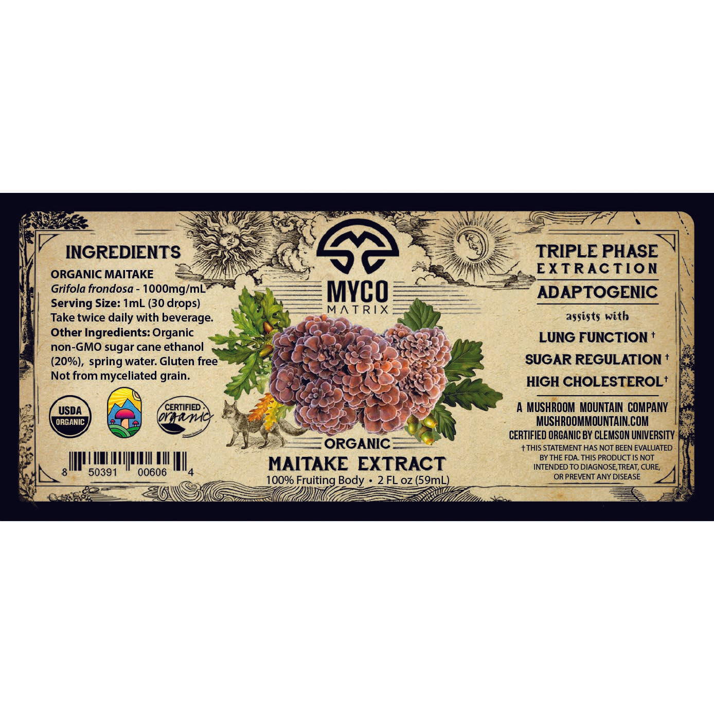 Mycomatrix Maitake adaptogenic mushroom extract by Mushroom Mountain in a 2oz bottle, showcasing the supplement and label details.