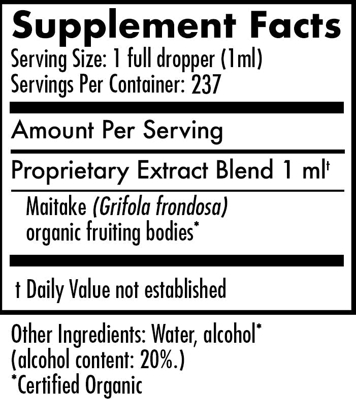 Mycomatrix Maitake adaptogenic mushroom extract from Mushroom Mountain in a 2oz bottle, featuring fresh maitake mushrooms.