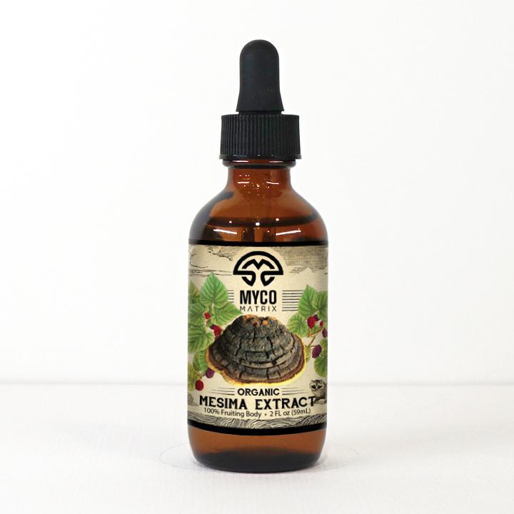 Mycomatrix MESIMA adaptogenic mushroom extract in a 2oz bottle from Mushroom Mountain, featuring a label with mushroom imagery.