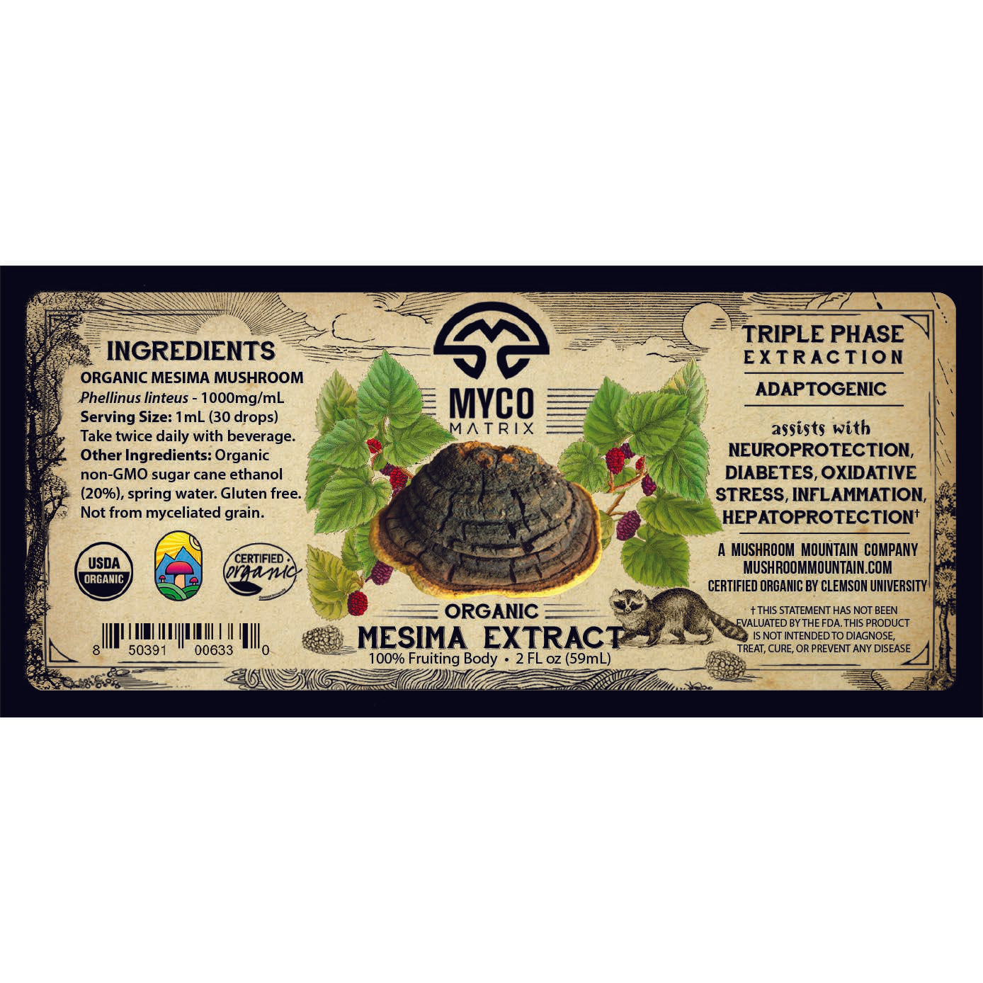 Mycomatrix MESIMA adaptogenic mushroom extract bottle from Mushroom Mountain, 2 oz, with label details visible.