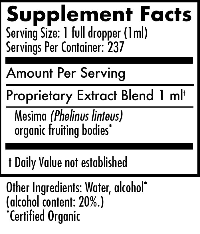 Mycomatrix MESIMA adaptogenic mushroom extract in a 2oz bottle from Mushroom Mountain, featuring mushroom ingredients and label.