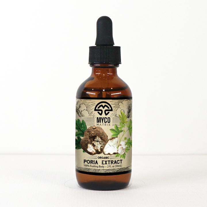Mycomatrix Poria adaptogenic mushroom extract from Mushroom Mountain in a 2oz container with fresh mushroom imagery.