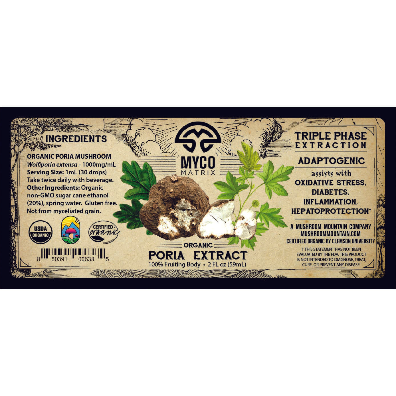 Mycomatrix Poria adaptogenic mushroom extract in 2oz bottle from Mushroom Mountain, featuring fresh mushroom capsules.