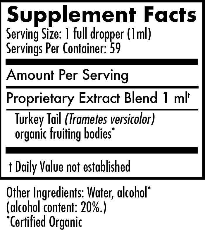 Mycomatrix Turkey Tail mushroom extract by Mushroom Mountain in a 2oz bottle, featuring Turkey Tail mushrooms for adaptogenic support.