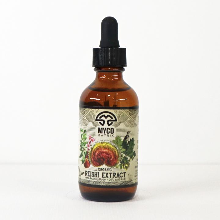 Mycomatrix Reishi adaptogenic mushroom extract bottle from Mushroom Mountain, 8oz jar with label showing Reishi mushroom extract