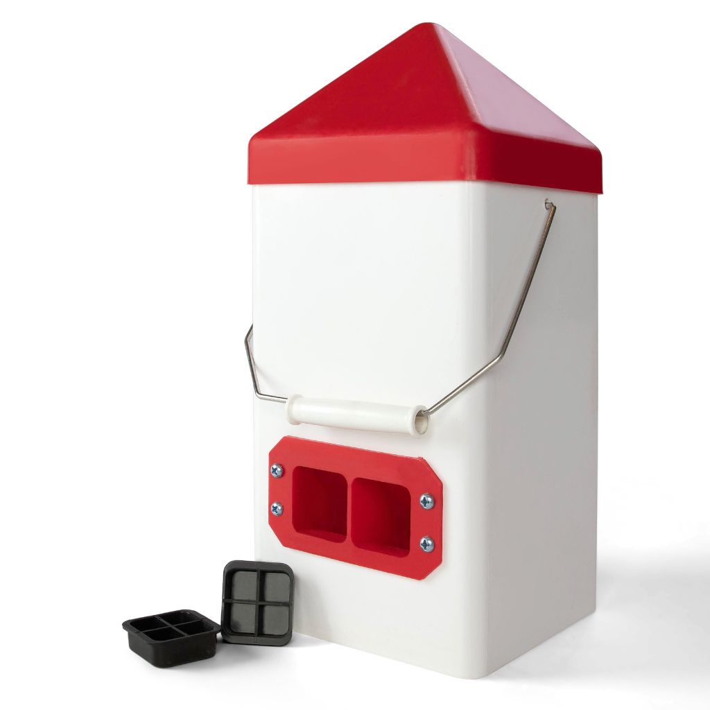 Farmight Dual-Port Chick Feeder from My Pet Chicken, 5 lb capacity, shown with chicks feeding on poultry supplies.
