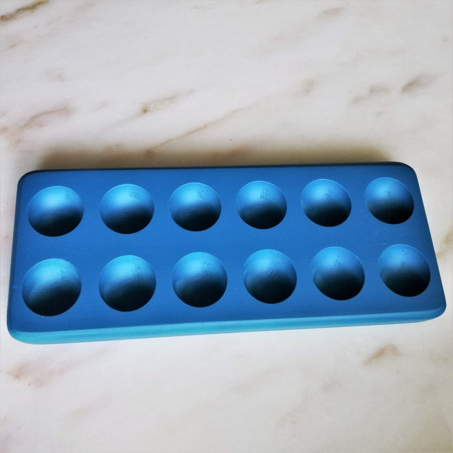 My Pet Chicken Henlay decorative wooden egg storage tray for refrigerator, kitchen counter, or display, featuring a blue hen design.
