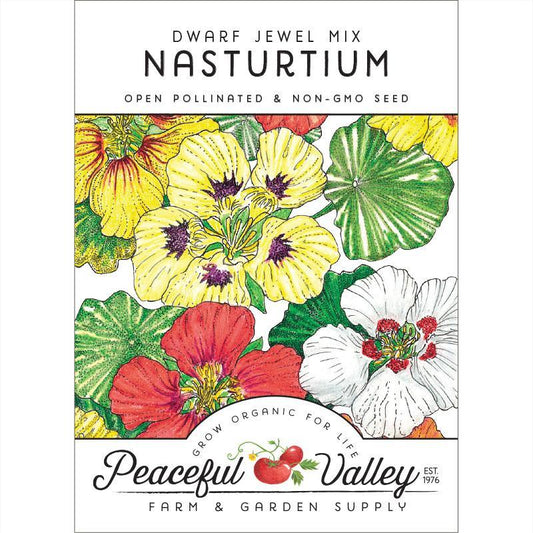 Dwarf Jewel Mix nasturtium flower seed pack from Grow Organic, featuring colorful edible flowers and lush green foliage.