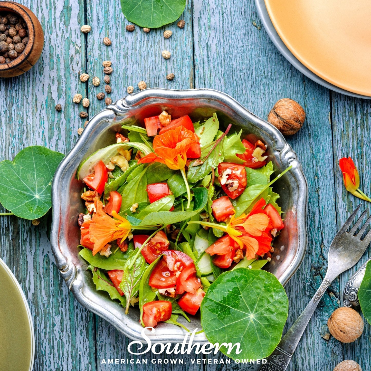 Jewel Nasturtium Mix seeds from Southern Seeds, showing colorful flower buds and green foliage of Tropaeolum nanum.