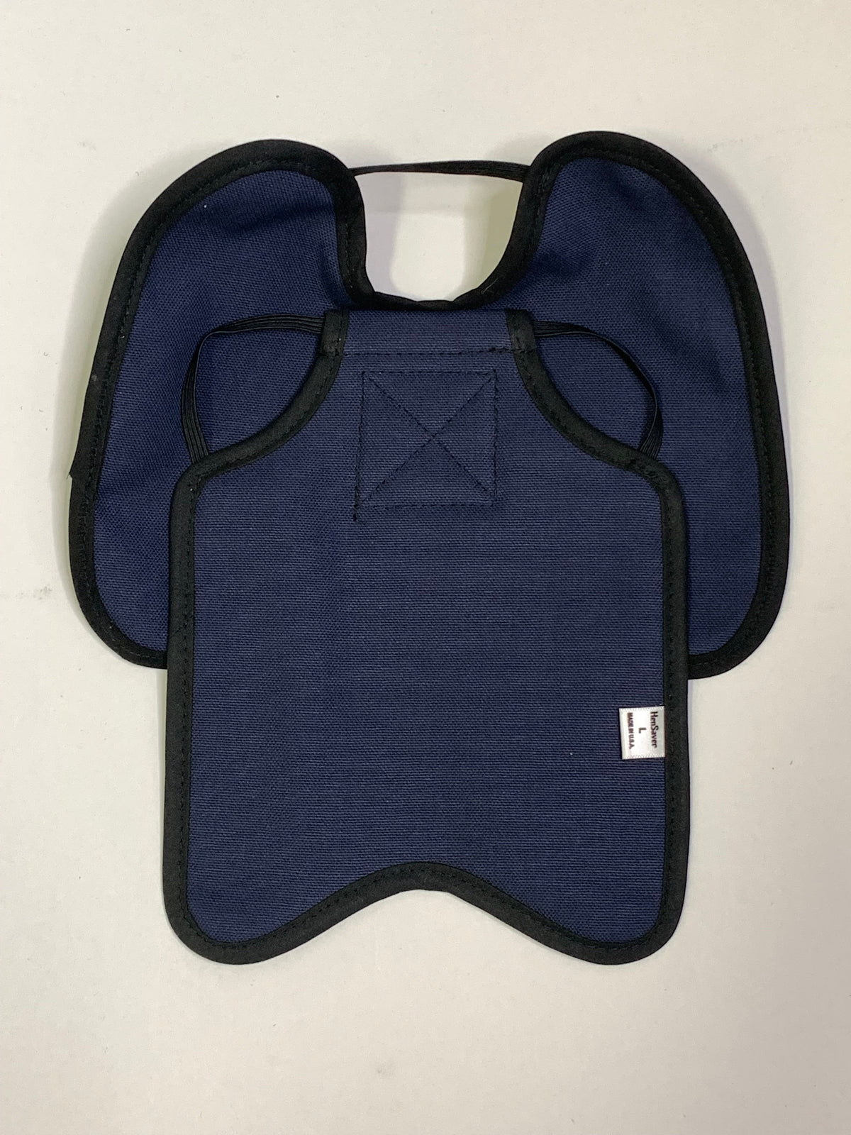 Navy hen apron with shoulder protectors by Crazy K Farm Pet and Poultry, designed to shield hens from pecking injuries.