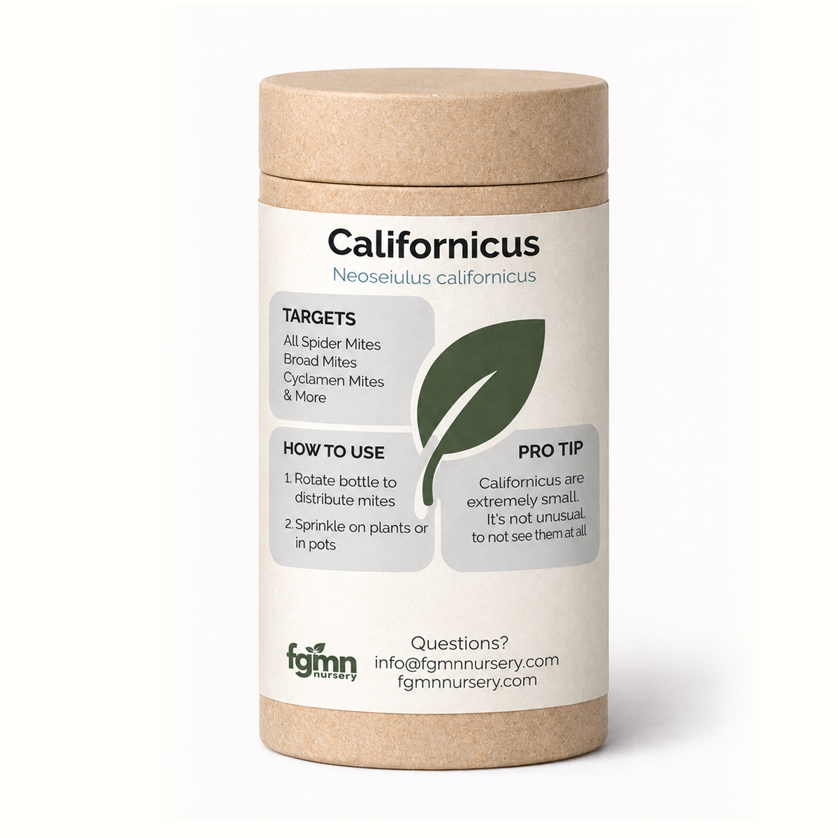 Farming treatment bottles of Neoseiulus californicus predatory mites for spider mite control, by FGMN Nursery.