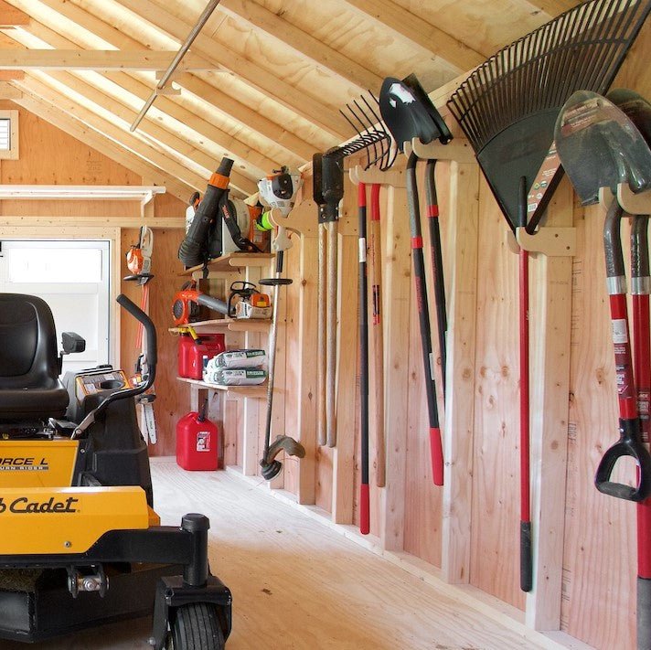 HangThis Up complete shed organization kit with garden tool rack, hooks, and shelving for outdoor yard and garden tool storage.
