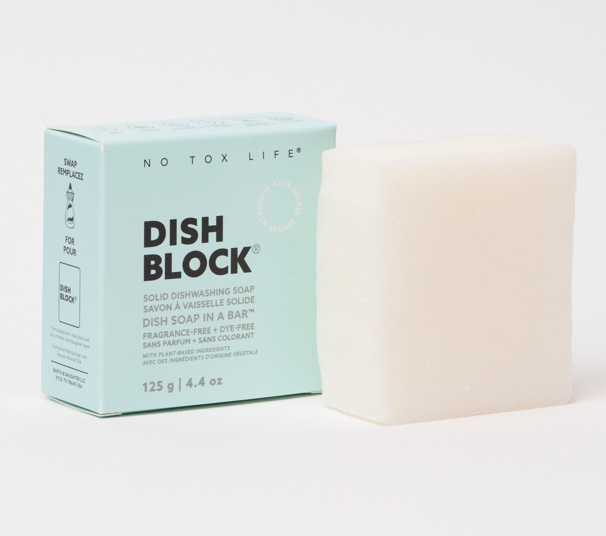 Fragrance-free DISH BLOCK® solid dish soap bar by NO TOX LIFE, 4.4 oz (125g), showcasing the natural soap block for cleaning dishes.