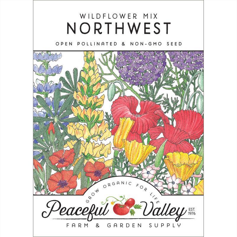Pack of Grow Organic Northwest Wildflower Mix flower seeds showing colorful wildflower varieties in a resealable packet.
