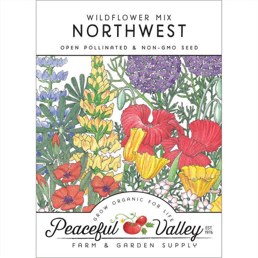 Pack of Grow Organic Northwest Wildflower Mix flower seeds showing colorful wildflower varieties in a resealable packet.