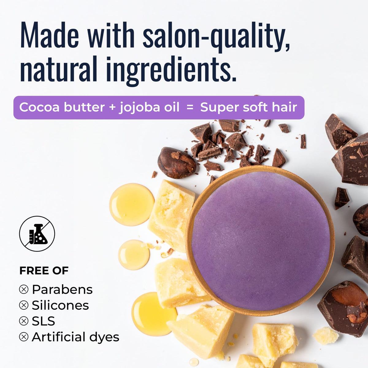 Natural conditioner bar from ZeroWasteStore with cocoa butter and jojoba oil, showing a sleek, eco-friendly packaging design.