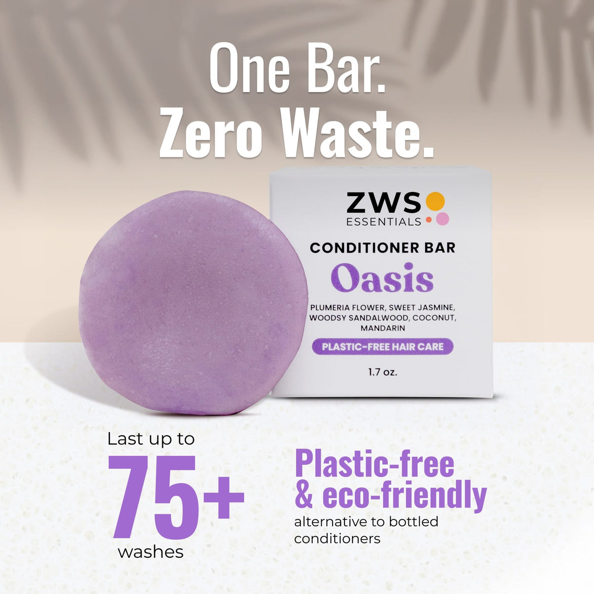 Plastic-free Oasis Conditioner Bar from ZeroWasteStore.com, showing the solid conditioner with fresh scent and eco-friendly packaging.
