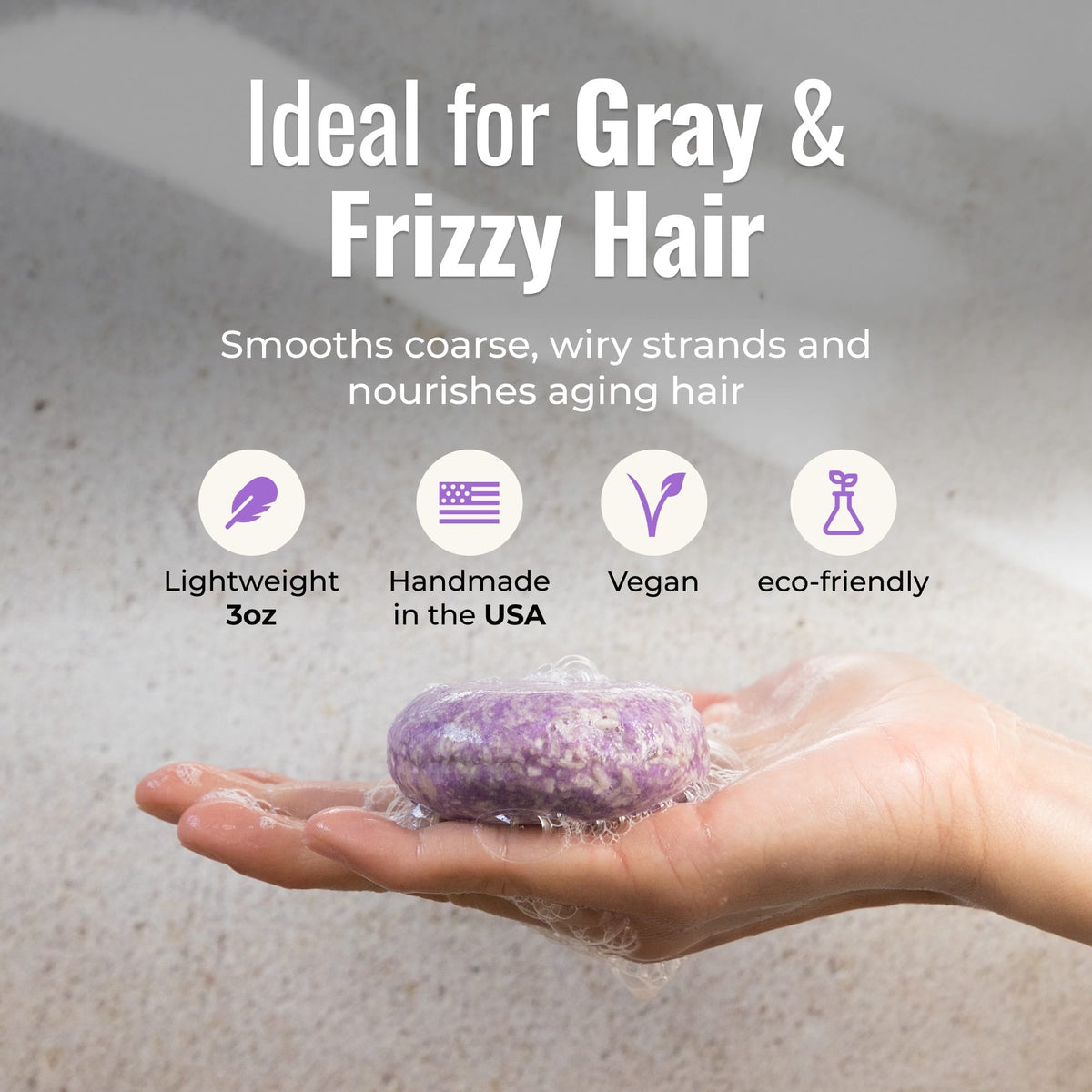 Oasis shampoo bar for gray, frizzy hair by ZeroWasteStore.com, showing a rectangular soap bar with a textured surface and natural packaging
