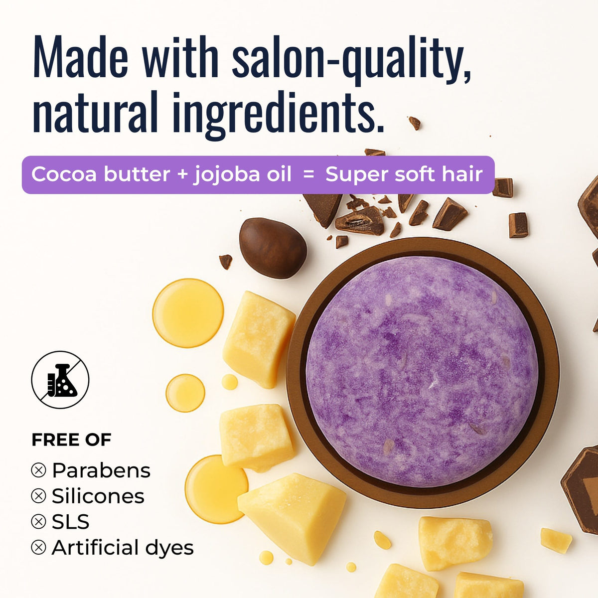 Natural shampoo bar from ZeroWasteStore.com with cocoa butter and jojoba oil, showcasing a eco-friendly, solid shampoo product.