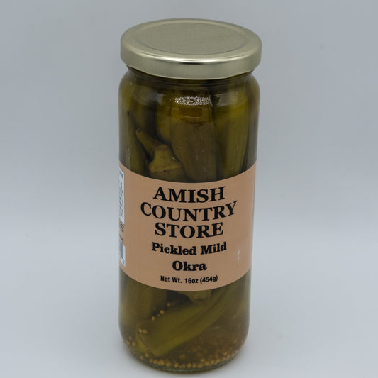 Jar of Amish Country Store pickled mild okra in a 16oz jar, showing fresh green okra spears submerged in pickling brine.