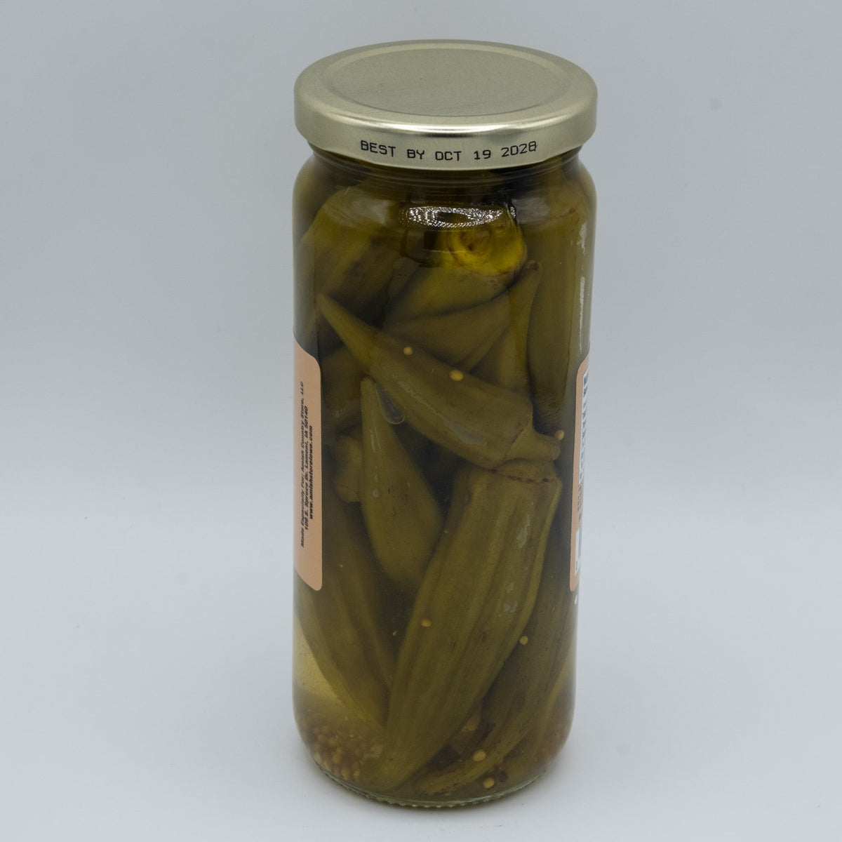 Jar of Amish Country Store pickled mild okra in a 16oz jar, showcasing fresh, whole okra submerged in pickling liquid.