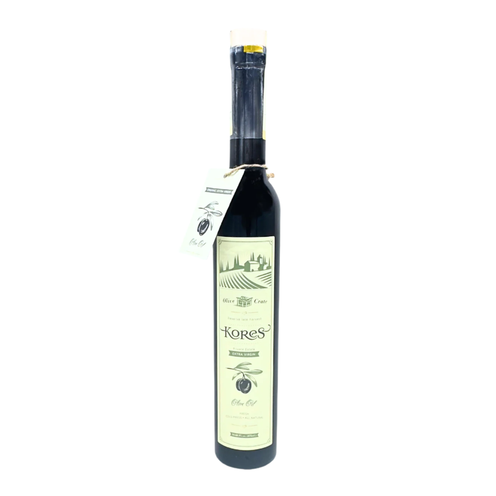 Bottle of Olive Crate Extra Virgin Olive Oil from Kores Estate, 375ml, showcasing the rich golden color and label detail.