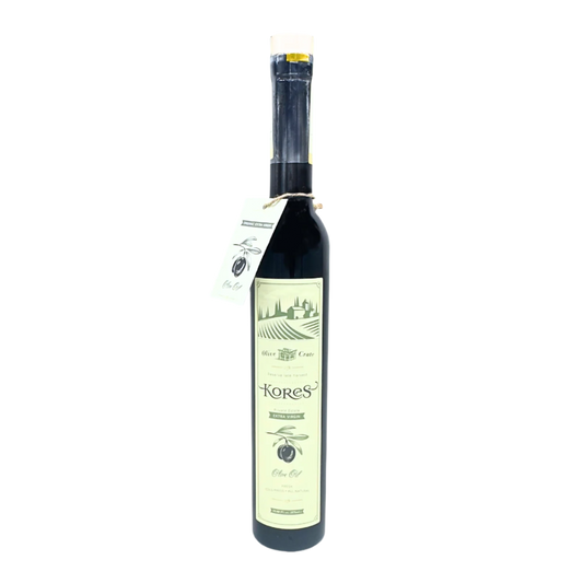Bottle of Olive Crate Extra Virgin Olive Oil from Kores Estate, 375ml, showcasing the rich golden color and label detail.