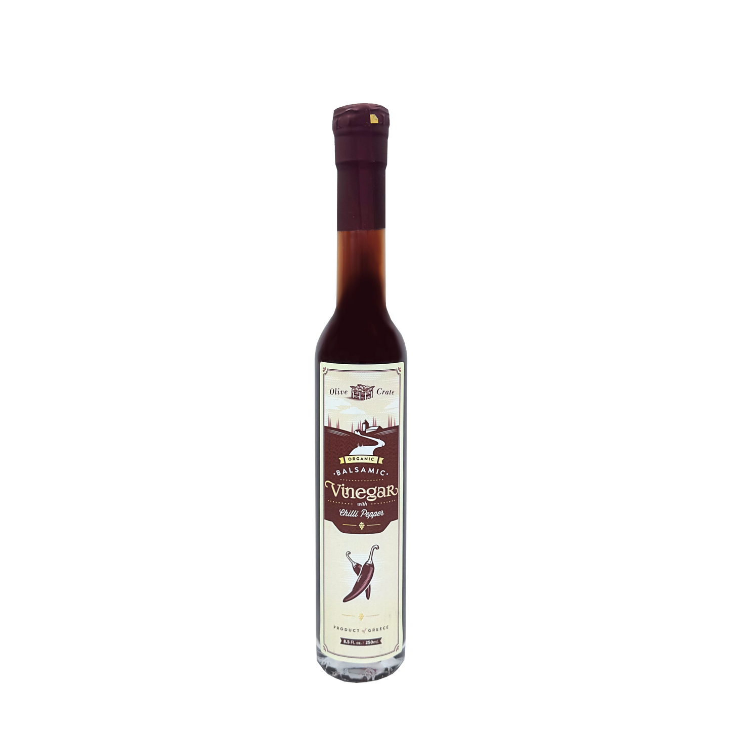 Bottle of Olive Crate 100% organic balsamic vinegar with chili pepper, showing dark vinegar and red chili peppers inside.