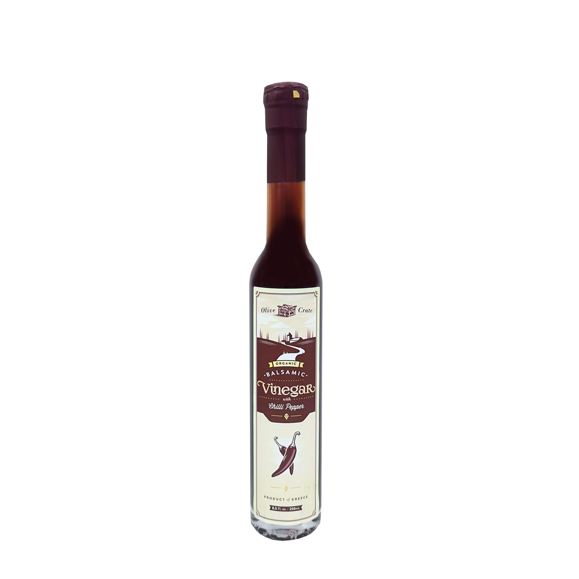 Bottle of Olive Crate 100% organic balsamic vinegar with chili pepper, showing dark vinegar and red chili peppers inside.