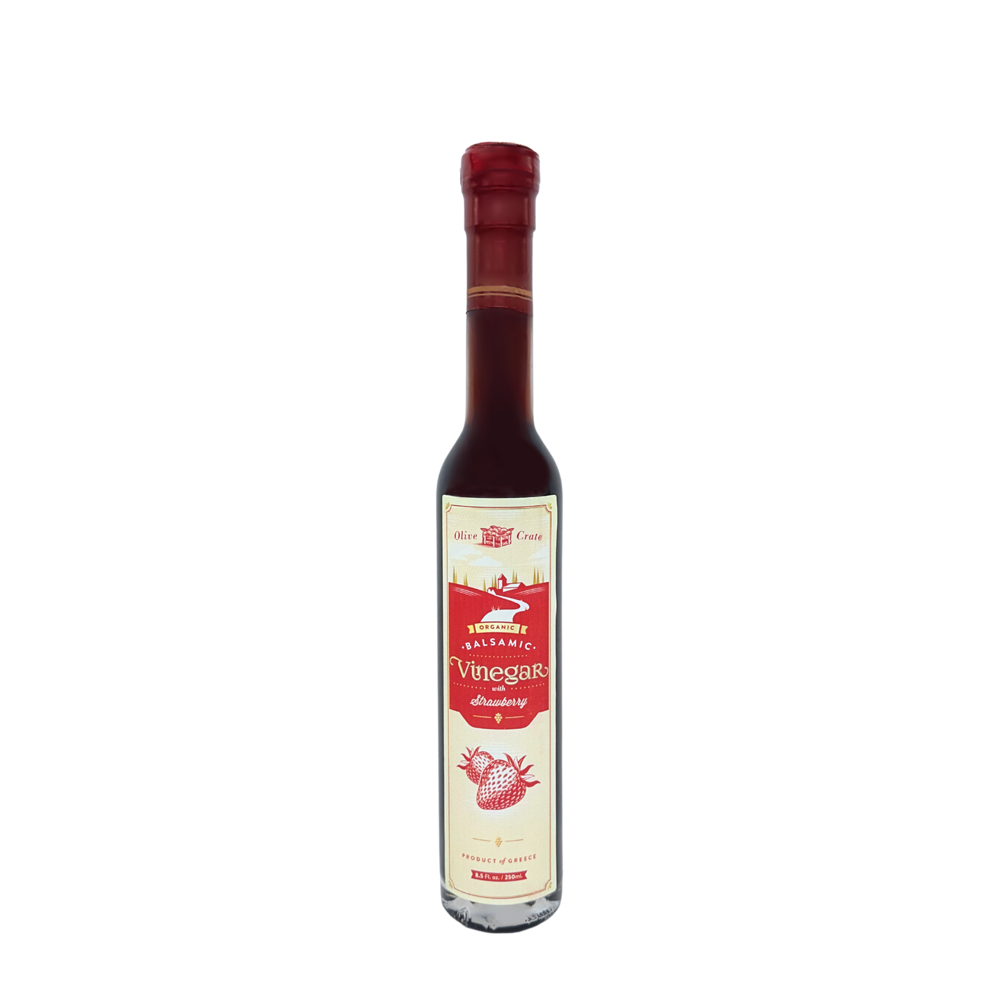 Bottle of Olive Crate 100% organic balsamic vinegar with strawberry flavor, featuring a dark balsamic vinegar and fresh strawberries.