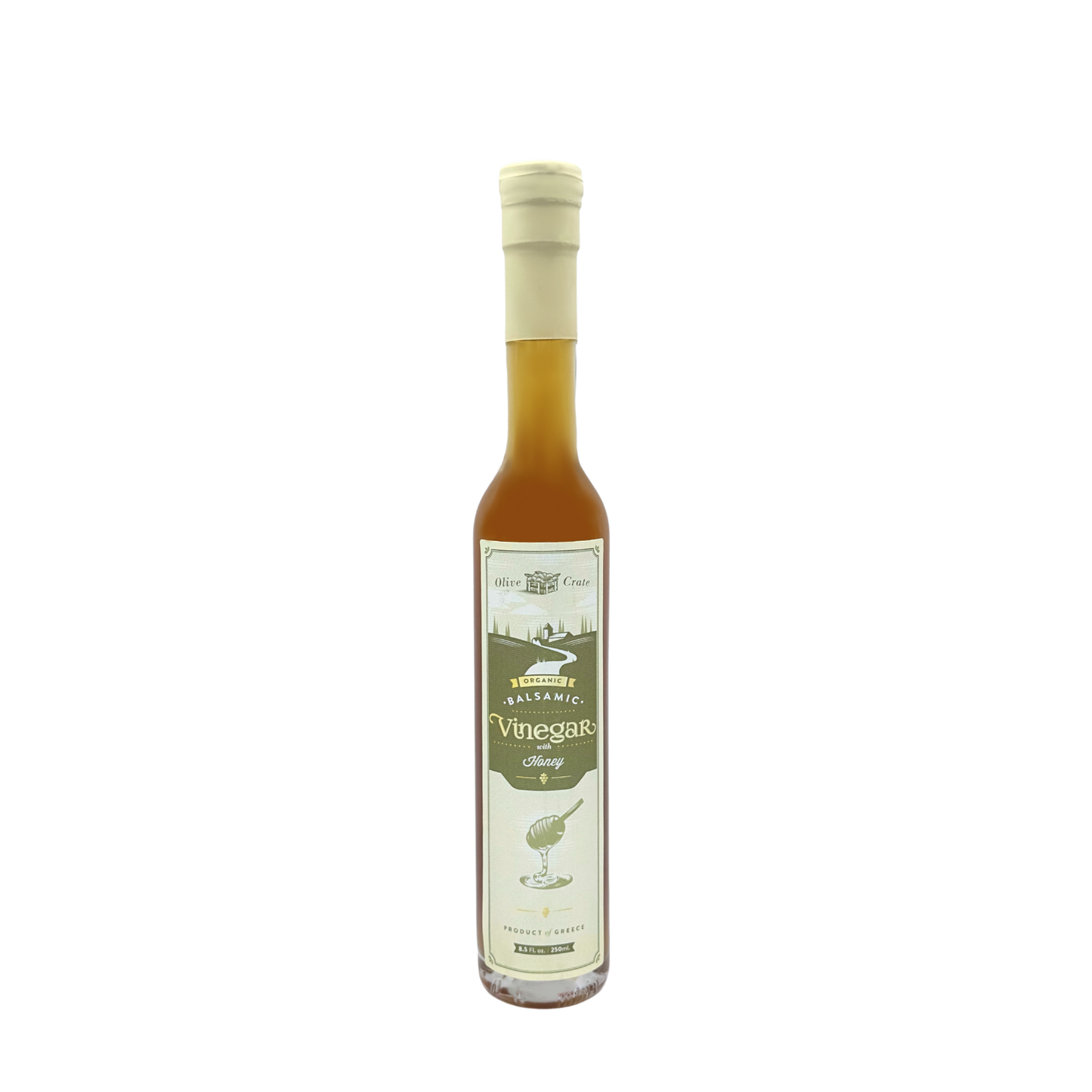 Bottle of Olive Crate 100% organic white balsamic vinegar with honey, featuring a clear glass container and a label with honey imagery.