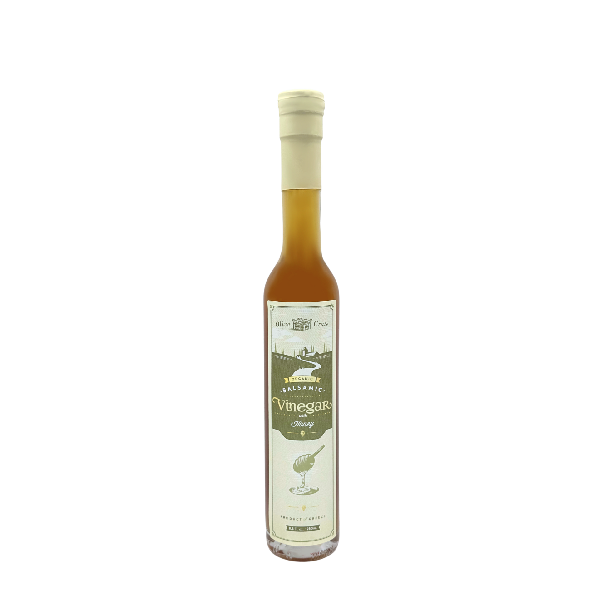 Bottle of Olive Crate 100% organic white balsamic vinegar with honey, featuring a clear glass container and a label with honey imagery.