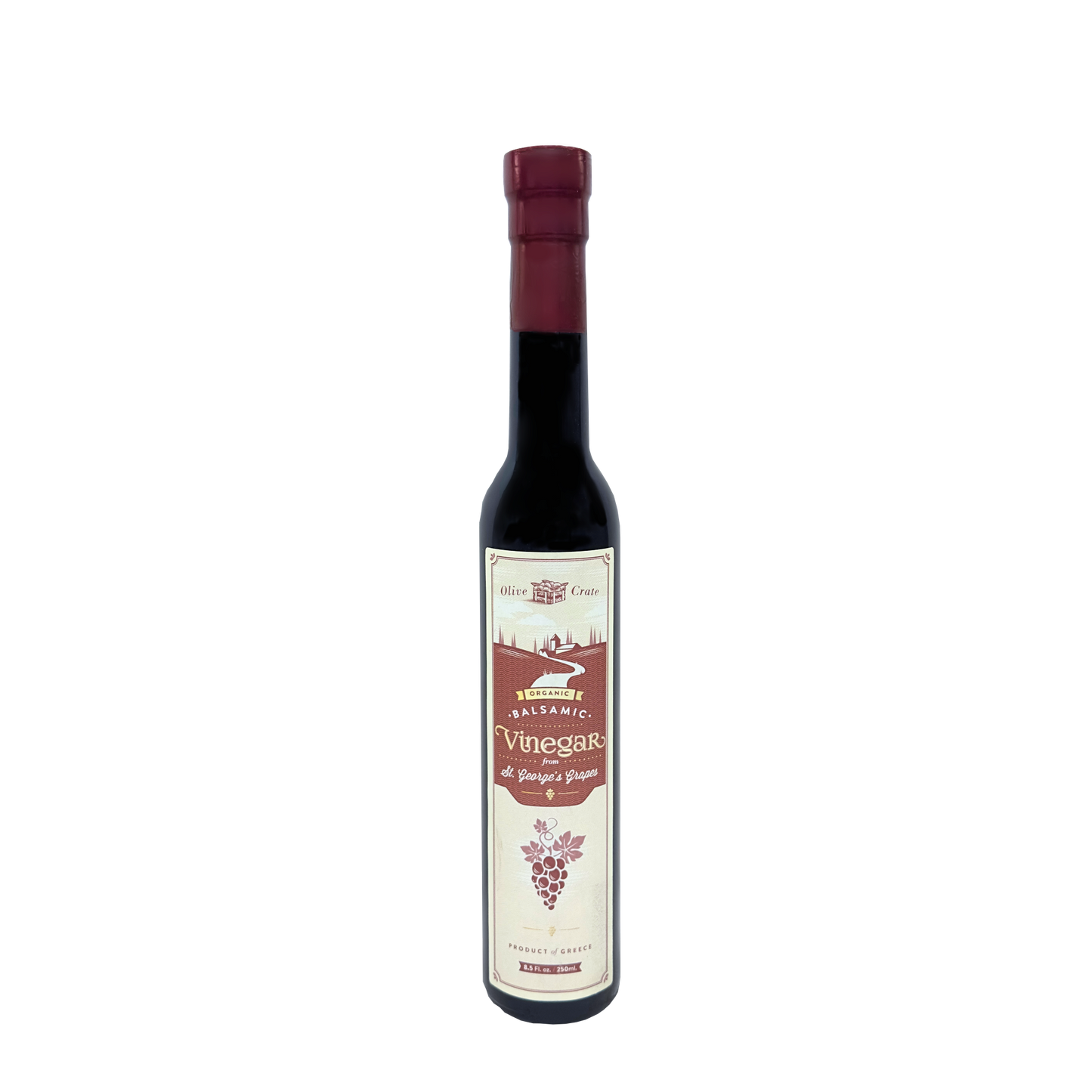 Organic balsamic vinegar from St. George's grapes by Olive Crate, shown in a dark glass bottle with a label.