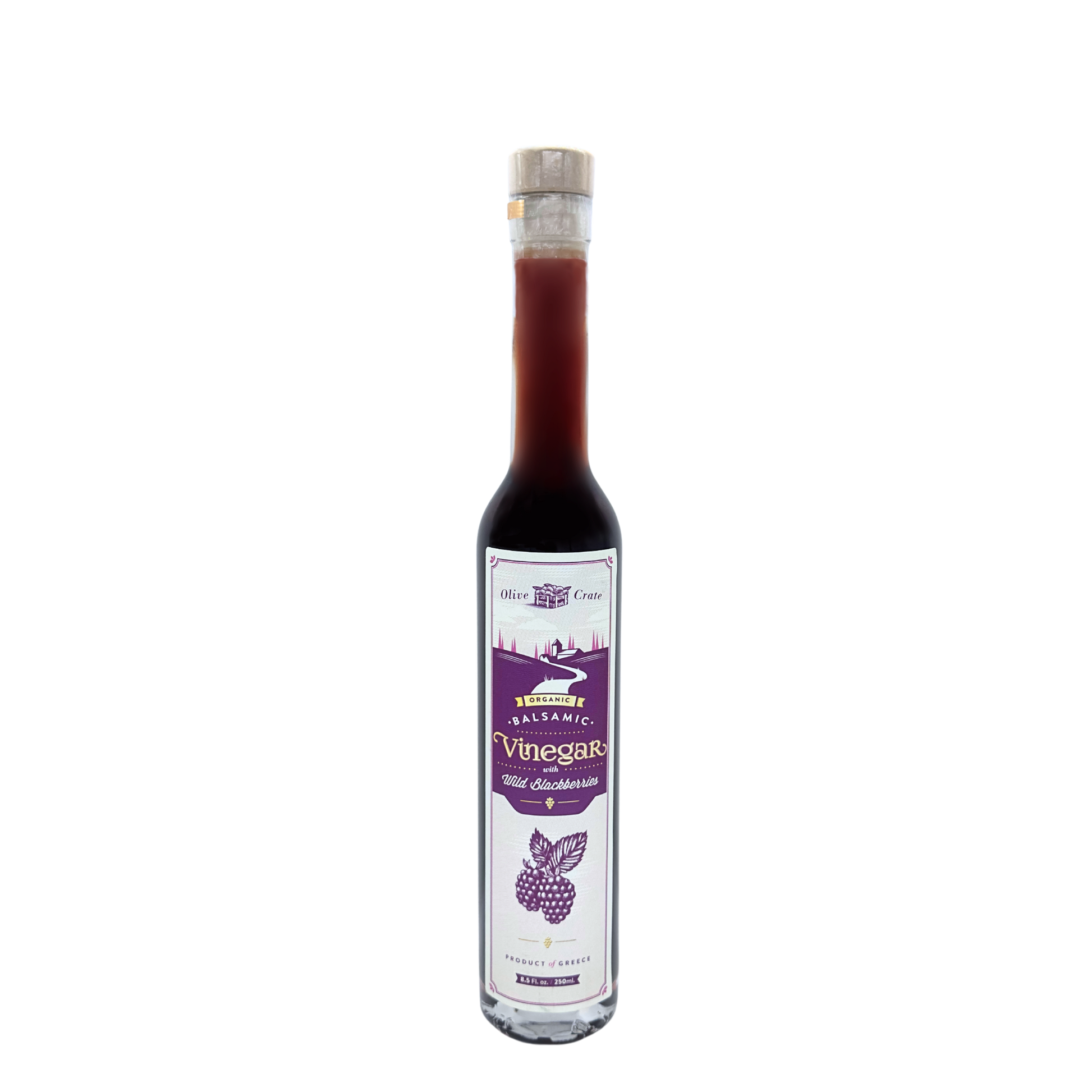 Bottle of Olive Crate organic balsamic vinegar with wild blackberry flavor, showing dark vinegar and fresh blackberries.