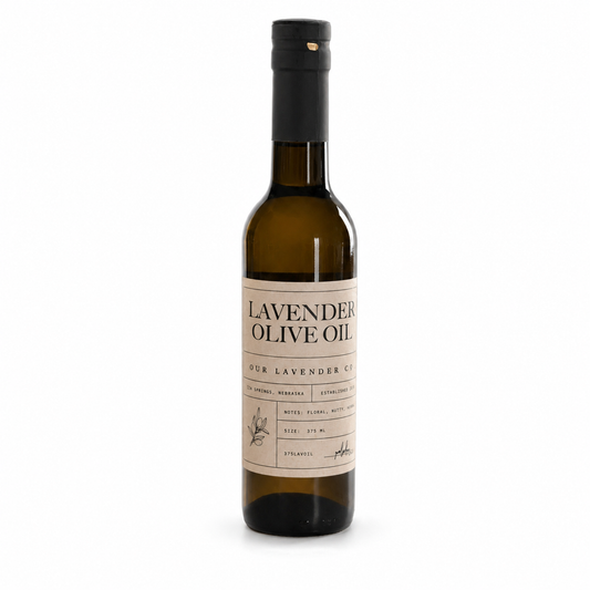 Lavender infused olive oil in a 12.7 oz bottle from Our Lavender Co, ideal for cooking or finishing dishes.