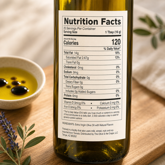 Lavender infused olive oil in a 12.7 oz bottle from Our Lavender Co, ideal for culinary use or drizzling over dishes.