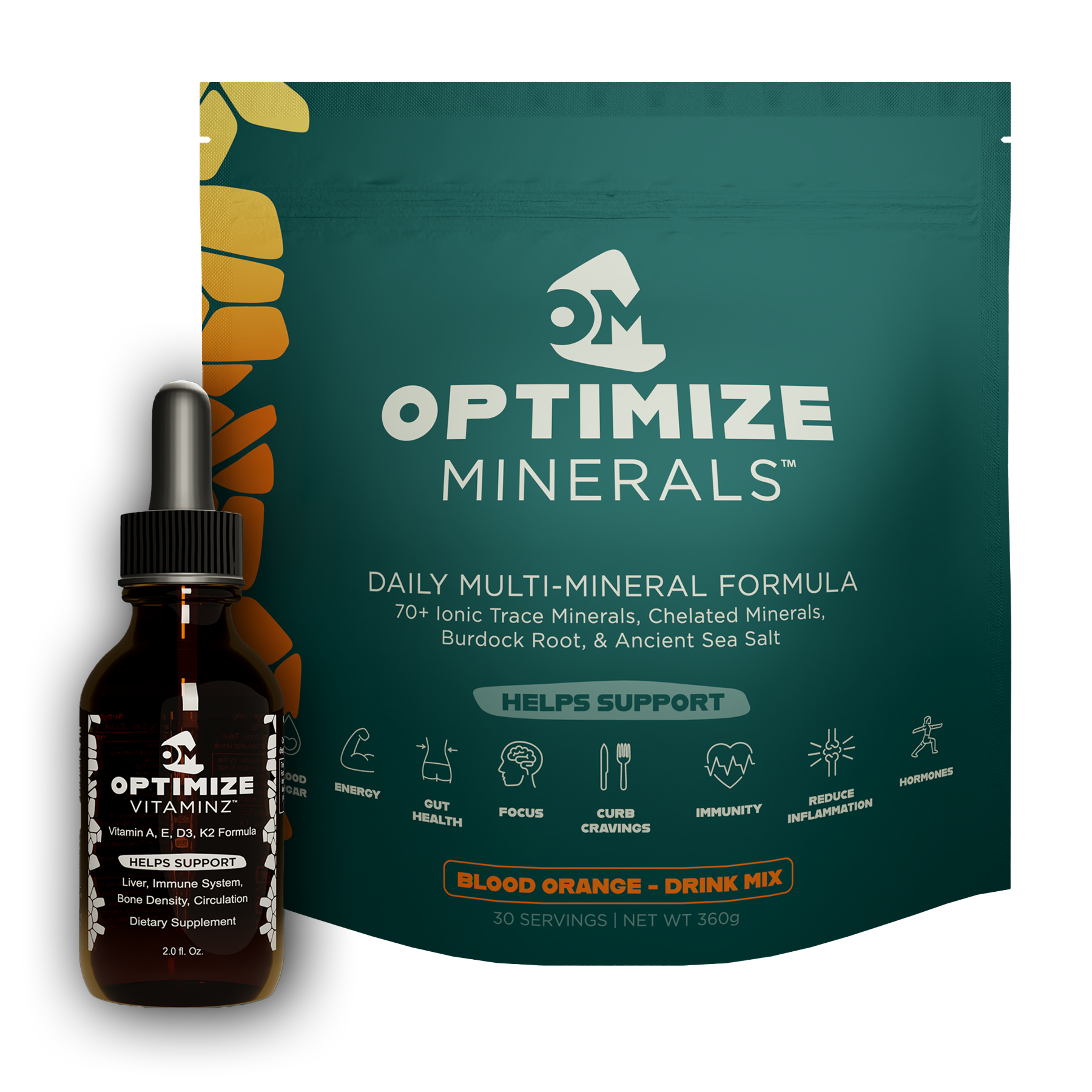 Optimize Minerals and VitaminZ bundle with blood orange flavor, 30-day supply of mineral and vitamin supplements.