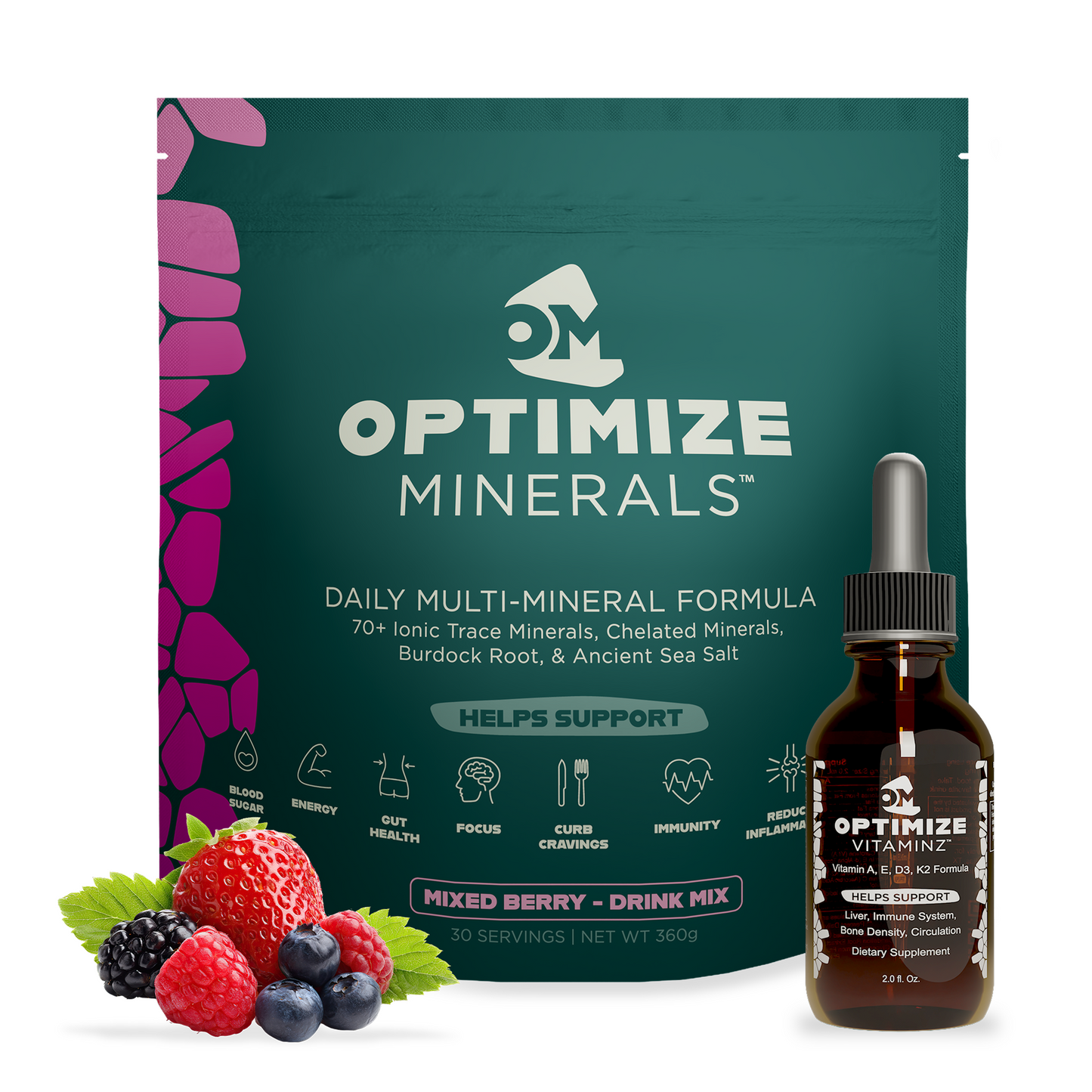 Optimize Minerals and VitaminZ bundle with 30-day supply in blood orange flavor, showing bottles of mineral and vitamin supplements.