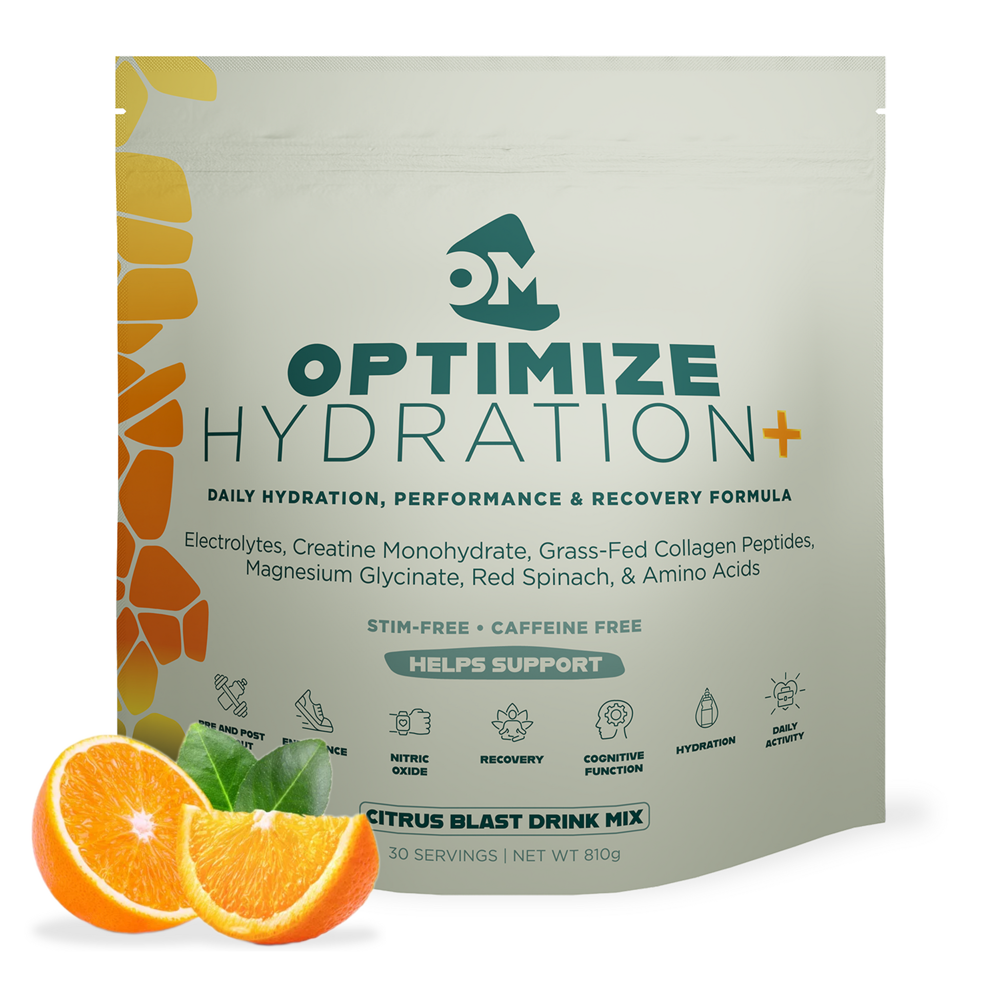 Optimize Minerals Hydration Tropical Surge powder in a 30-day supply, featuring vibrant tropical flavor for effective hydration.