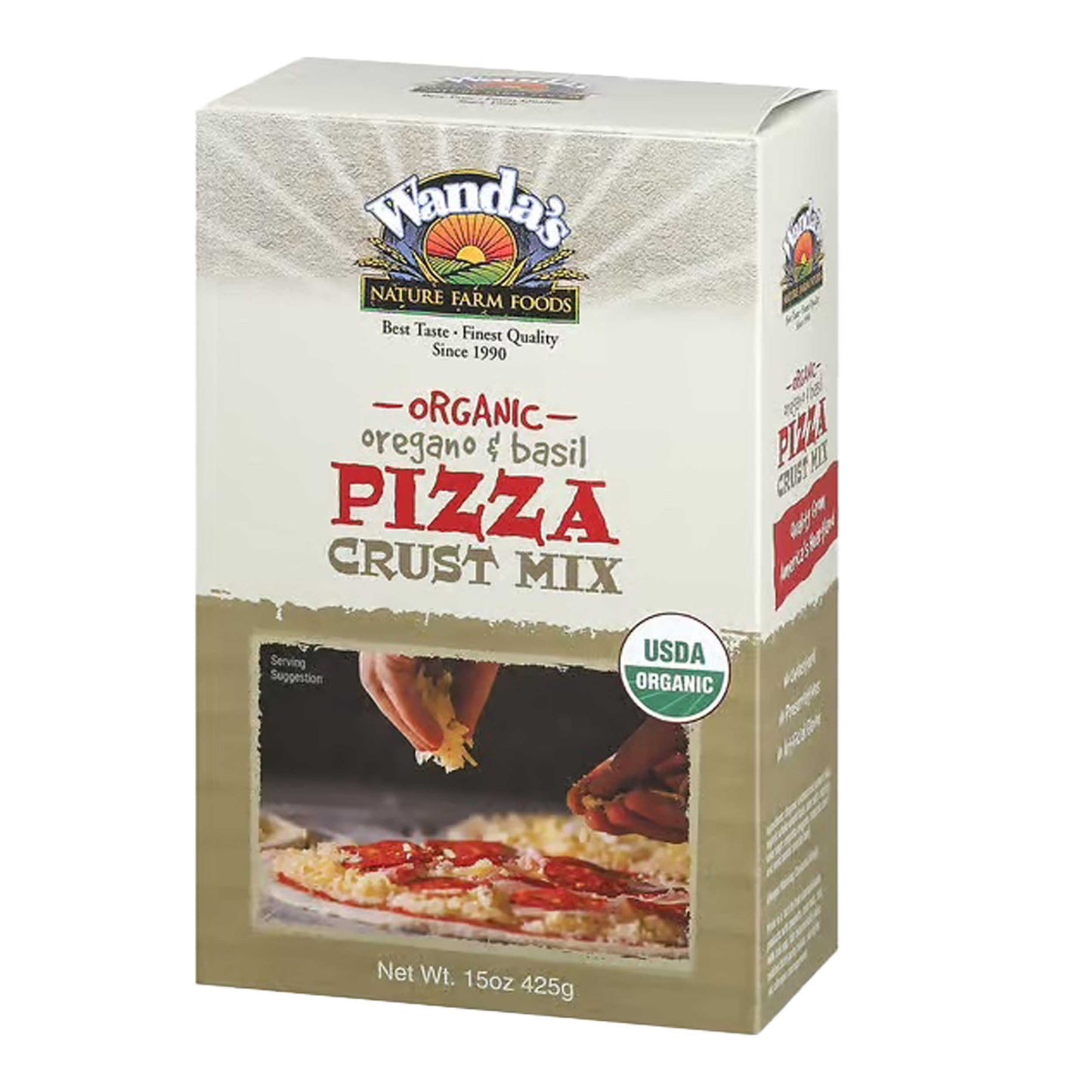 Organic oregano and basil pizza crust mix by Heartland Gourmet in a 15 oz package, featuring fresh herbs and natural ingredients.
