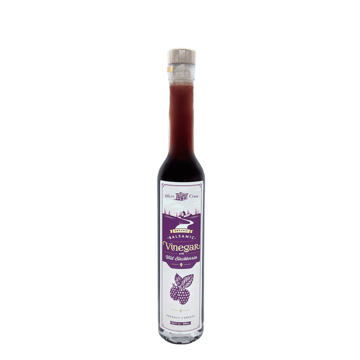 Organic balsamic vinegar with wild blackberry from Olive Crate, in a glass bottle showing dark vinegar and fresh blackberries.