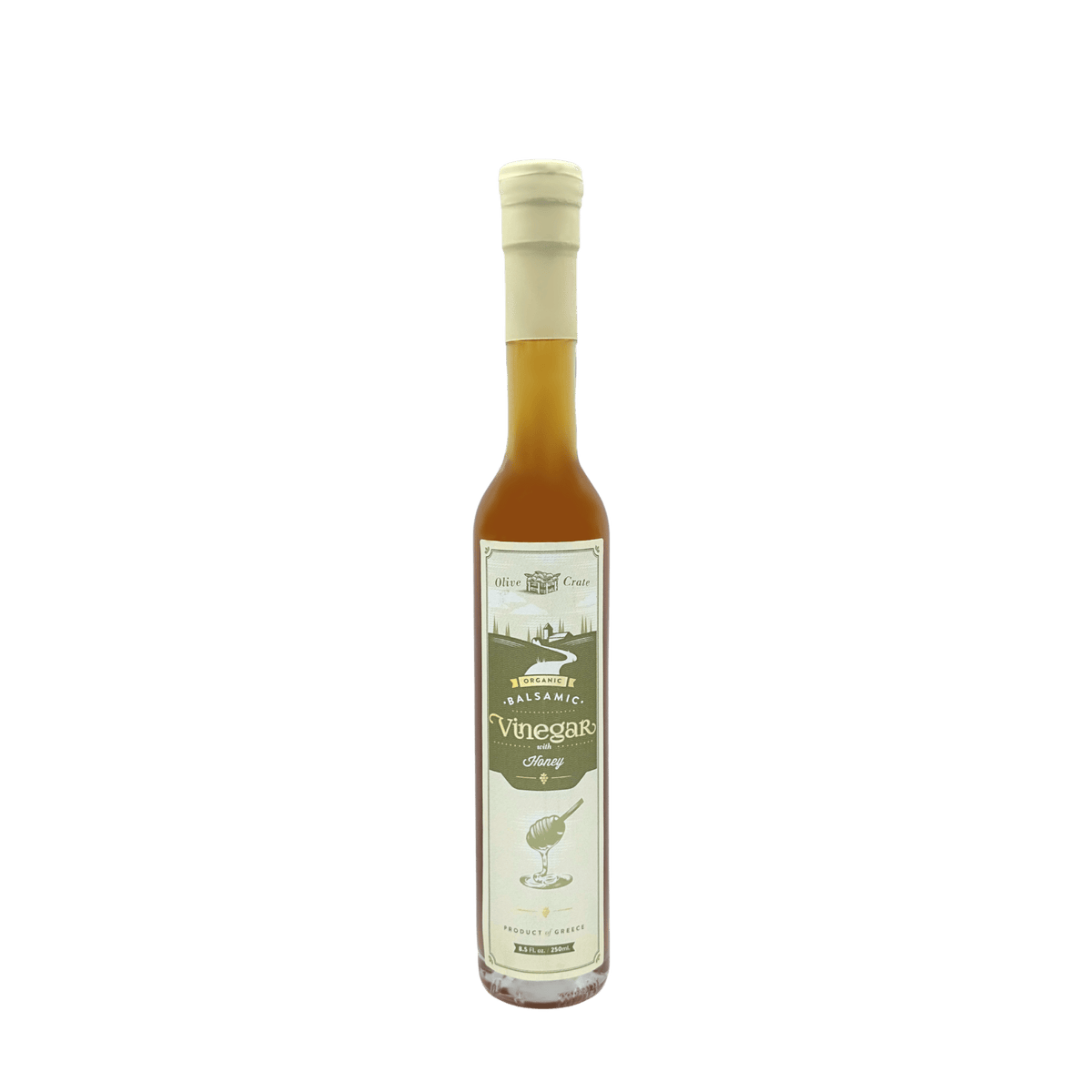 Organic white balsamic vinegar with honey from Olive Crate, featuring Greek Roditis grapes in a clear glass bottle.