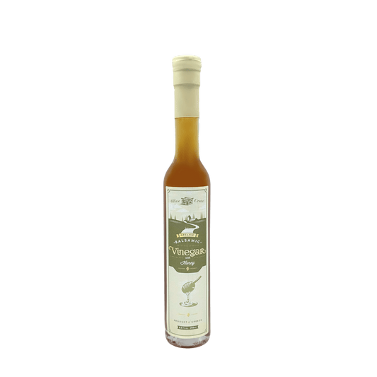 Organic white balsamic vinegar with honey from Olive Crate, featuring Greek Roditis grapes in a clear glass bottle.