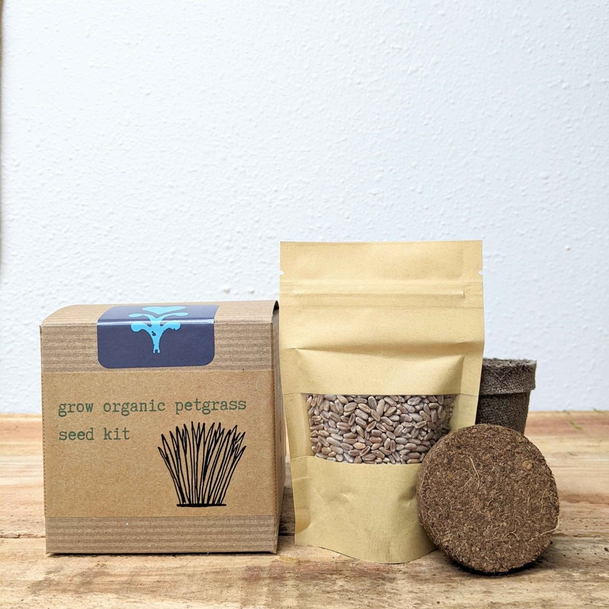 Organic Petgrass Grow Kit with sprouting seeds for cats and small pets, featuring a compact, eco-friendly setup by Plantflix.